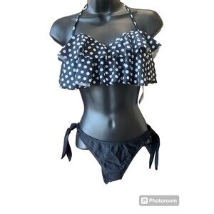 Women's 2 Piece Black With White Polka Dots Halter Top Bikini Swimsuit #54